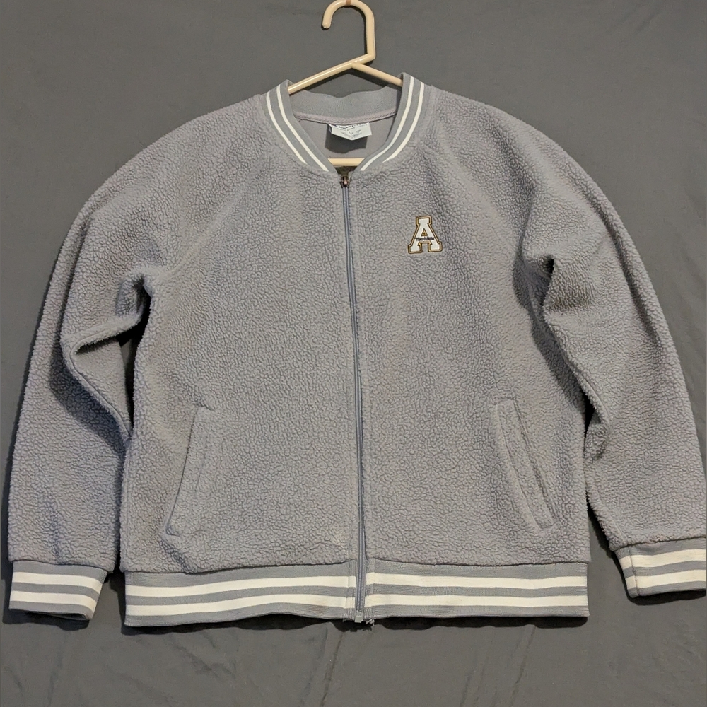 Gray Fleece Zip-Up Jacket with Striped Trim